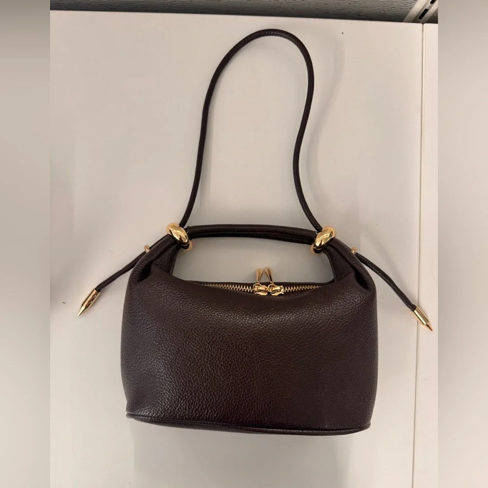 Dark Brown Pebbled Shoulder Bag with Gold Hardware